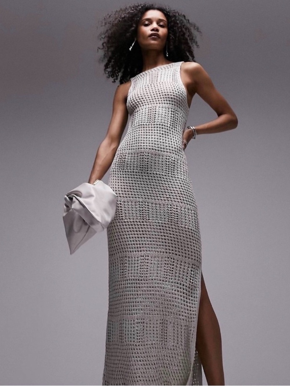 Topshop knit square neck midi dress in silver